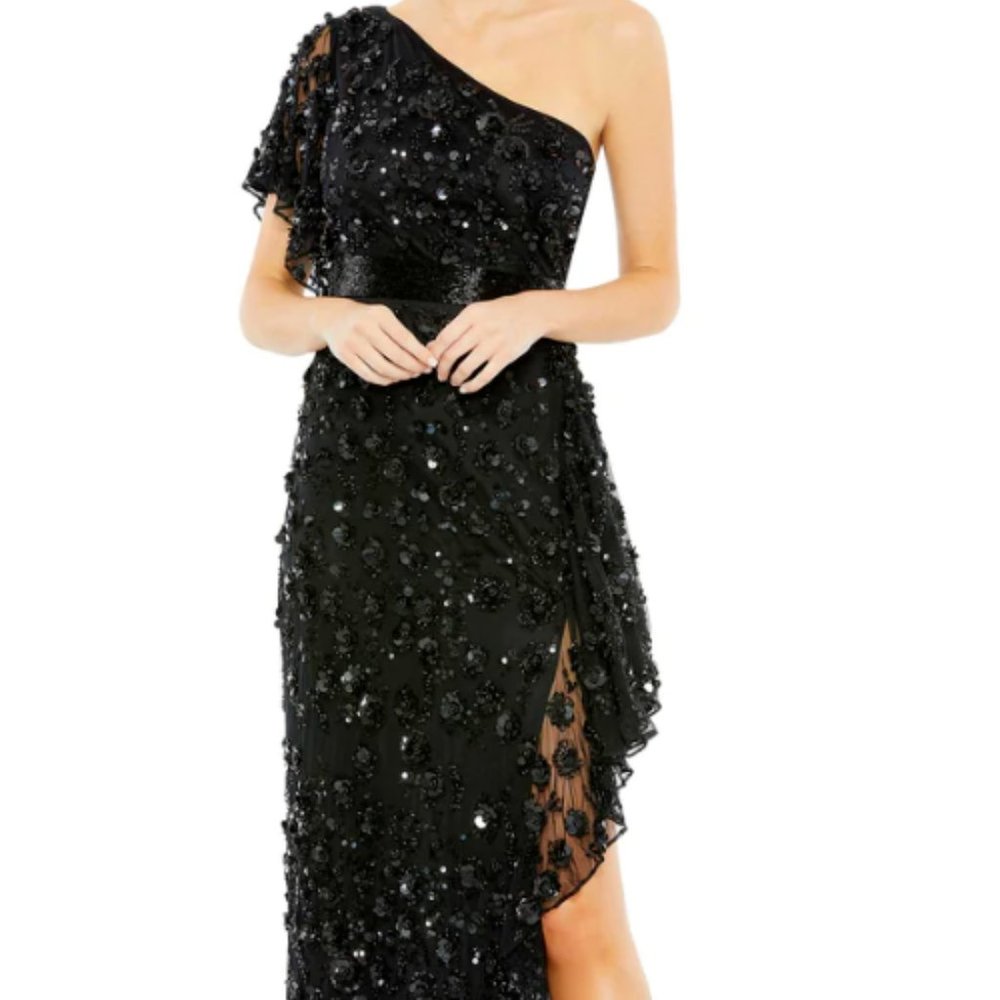 MAC DUGGAL 93687 ONE SHOULDER ASYMMETRICAL RUFFLE BLACK GOWN sz 8